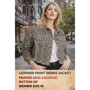 Free People Leopard Print Denim Jacket Frayed Hem Cropped Button Up Women Size M